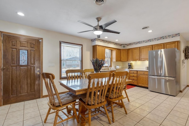 dining room featuring light tile patterned floors, baseboards, visible vents, recessed lighting, and ceiling fan