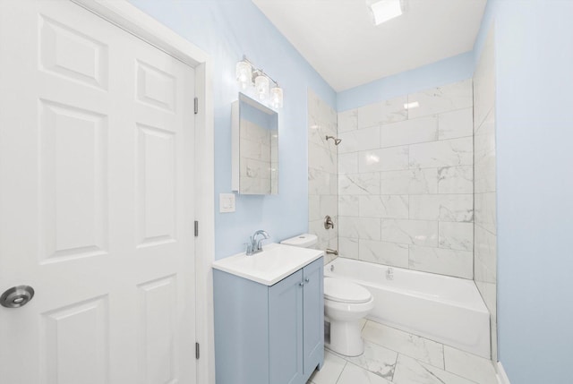 bathroom with toilet, marble finish floor, bathtub / shower combination, and vanity
