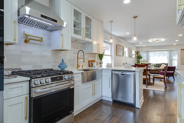 kitchen featuring dark wood-type flooring, ventilation hood, appliances with stainless steel finishes, a peninsula, and light countertops