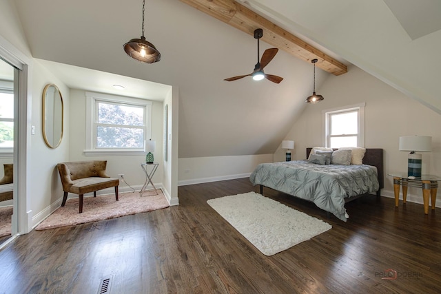 bedroom featuring lofted ceiling with beams, visible vents, baseboards, and dark wood-style floors