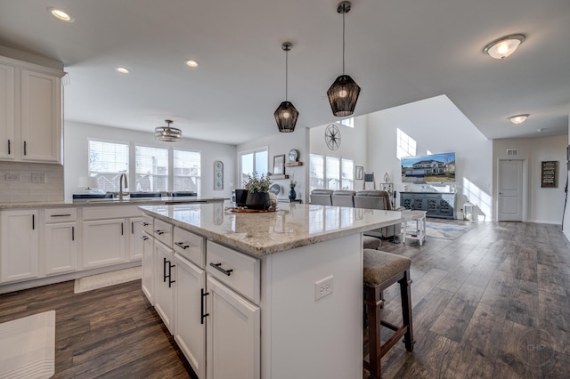 kitchen with dark wood finished floors, open floor plan, a kitchen breakfast bar, and a center island