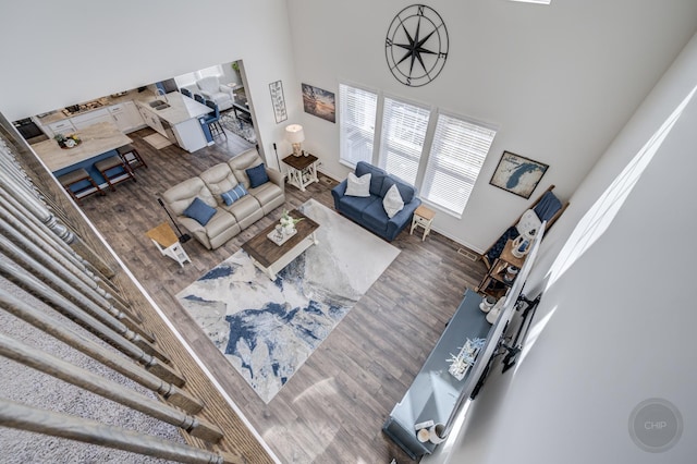 living area with a high ceiling and wood finished floors