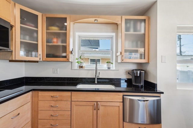 kitchen with a healthy amount of sunlight, stainless steel appliances, glass insert cabinets, and a sink