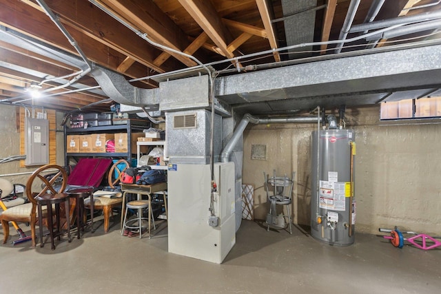 unfinished basement featuring electric panel, visible vents, heating unit, and water heater