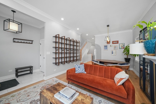 living room featuring stairway, recessed lighting, baseboards, and ornamental molding