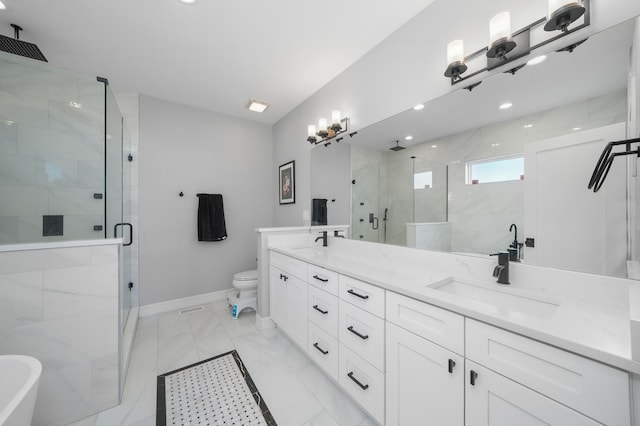 bathroom with double vanity, a stall shower, and a sink