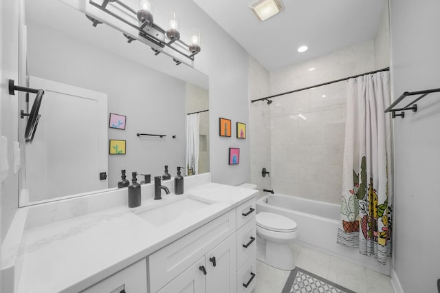 full bathroom featuring visible vents, toilet, shower / bath combo with shower curtain, and vanity