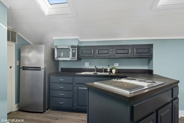 kitchen with a sink, dark countertops, dark wood finished floors, appliances with stainless steel finishes, and a skylight