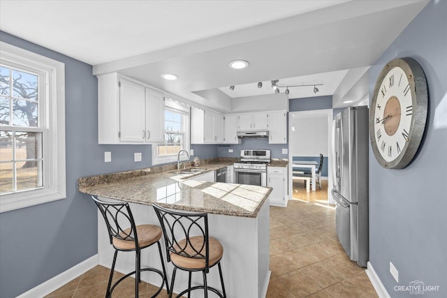 kitchen with a sink, stainless steel appliances, a peninsula, white cabinets, and baseboards