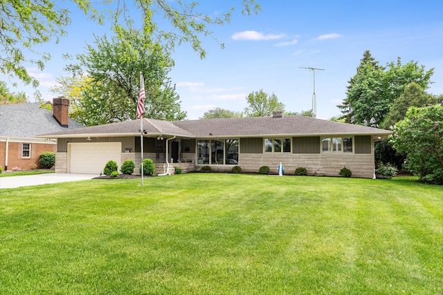 1424 Mason Ave, Joliet, IL 60435 - ranch-style house with a garage, a chimney, a front lawn, and driveway