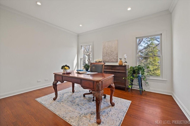 office featuring crown molding, wood finished floors, and baseboards