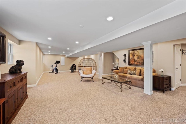 living area featuring recessed lighting, light colored carpet, and baseboards