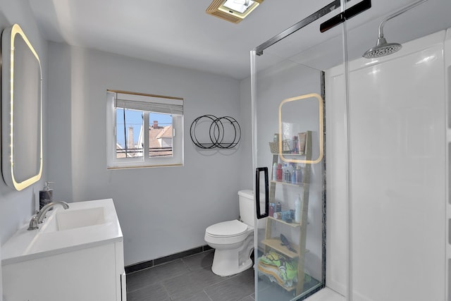 bathroom with visible vents, a shower stall, toilet, and vanity