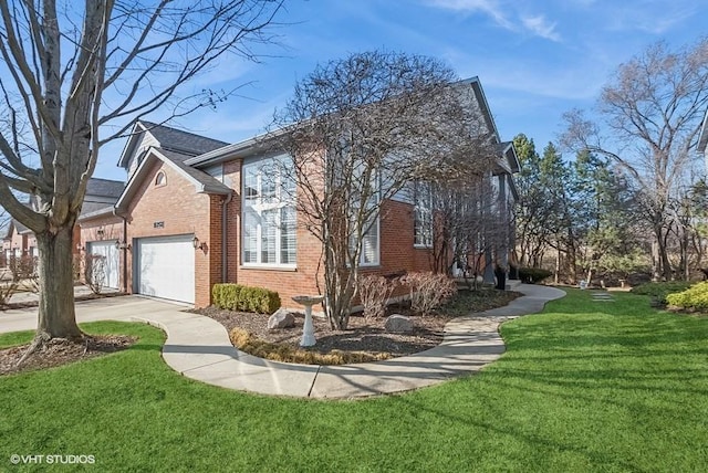 view of property exterior with driveway, brick siding, an attached garage, and a lawn