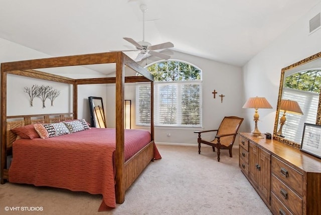 bedroom featuring visible vents, light carpet, lofted ceiling, a ceiling fan, and baseboards