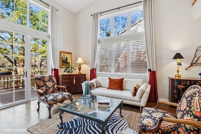 living area featuring high vaulted ceiling