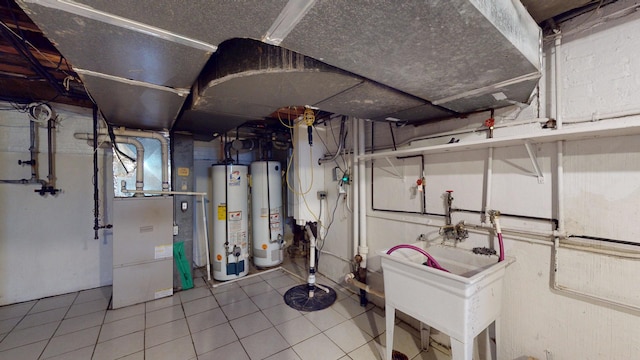 unfinished basement with gas water heater, heating unit, a sink, and tile patterned flooring