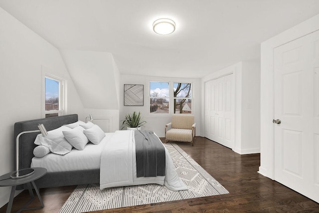 bedroom featuring lofted ceiling, wood finished floors, a closet, and baseboards