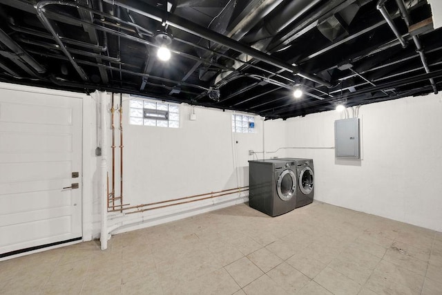 basement featuring washer and dryer and electric panel