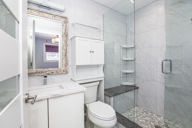 full bath with vanity, toilet, and a shower stall