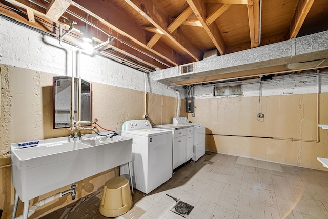 washroom featuring laundry area, light floors, washer / clothes dryer, and visible vents