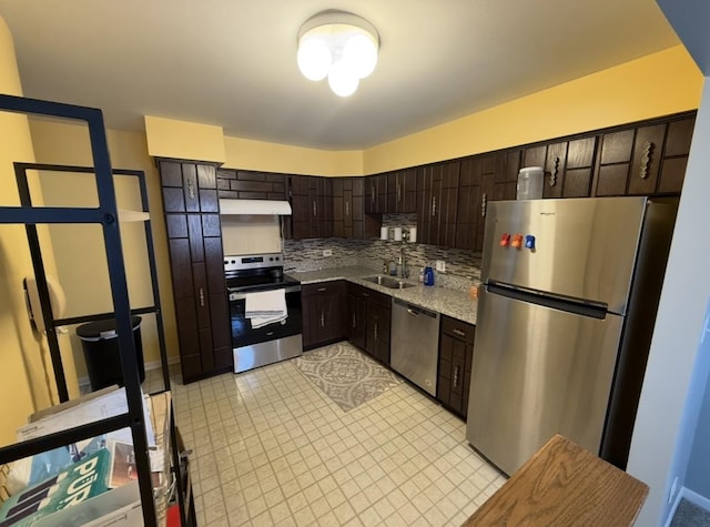 kitchen with a sink, under cabinet range hood, tasteful backsplash, stainless steel appliances, and dark brown cabinetry