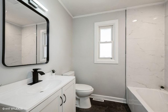 full bathroom with visible vents, toilet, ornamental molding, baseboards, and vanity