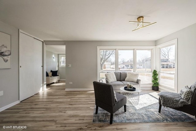 living room with baseboards and wood finished floors