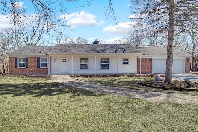 ranch-style house with a front yard, a chimney, concrete driveway, a garage, and brick siding