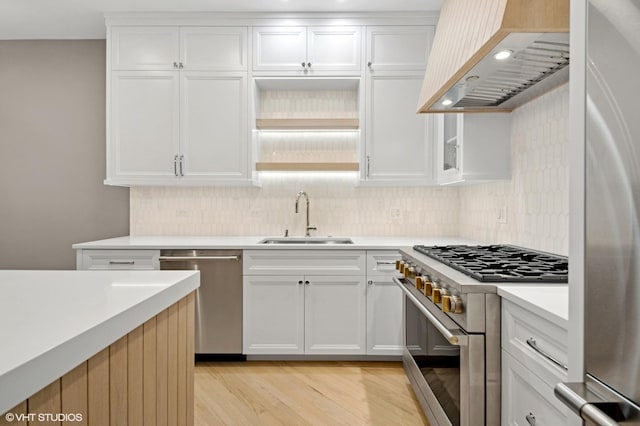 kitchen with light countertops, appliances with stainless steel finishes, white cabinetry, wall chimney exhaust hood, and a sink