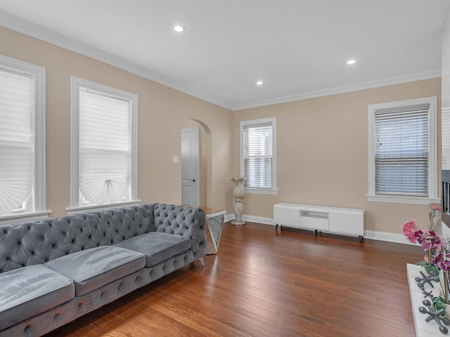 living room featuring baseboards, arched walkways, wood finished floors, and ornamental molding