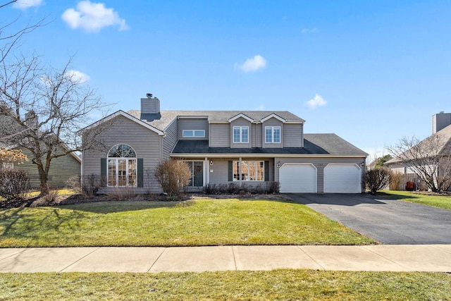 view of front of house featuring a front yard, roof with shingles, driveway, an attached garage, and a chimney