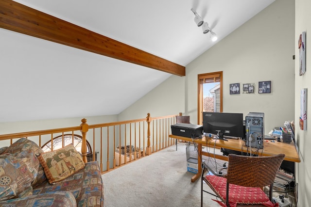 office area featuring rail lighting, vaulted ceiling with beams, and carpet