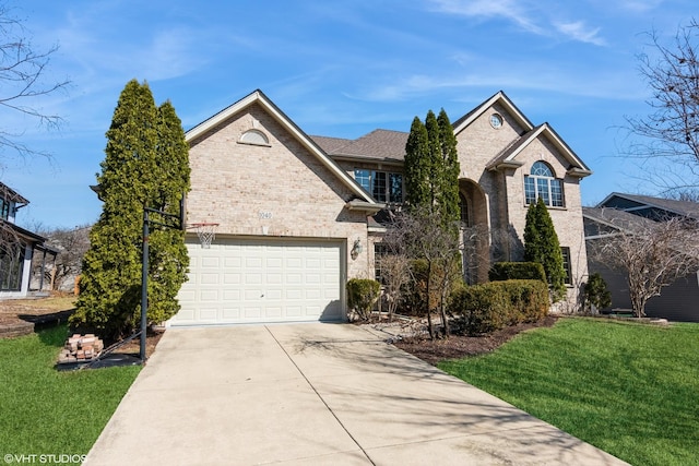 traditional-style house with a front lawn, brick siding, an attached garage, and driveway