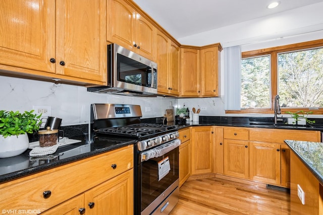 kitchen featuring a sink, dark stone counters, light wood-style floors, and stainless steel appliances