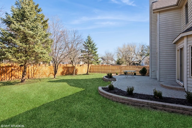 view of yard featuring a patio and a fenced backyard