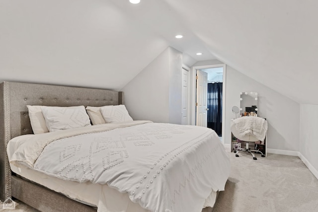 bedroom with vaulted ceiling, recessed lighting, light colored carpet, and baseboards