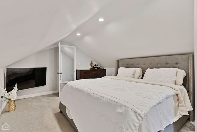 bedroom featuring light carpet, recessed lighting, baseboards, and vaulted ceiling