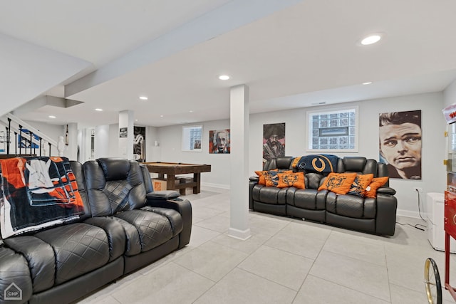 living area with billiards, light tile patterned floors, recessed lighting, and baseboards