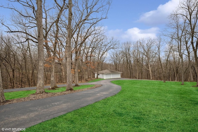 view of road with a forest view and aphalt driveway