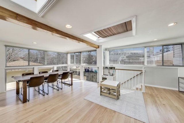 dining space with recessed lighting, beamed ceiling, baseboards, and wood finished floors