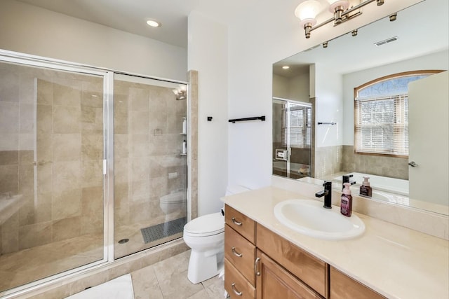 full bath with visible vents, a shower stall, toilet, recessed lighting, and vanity