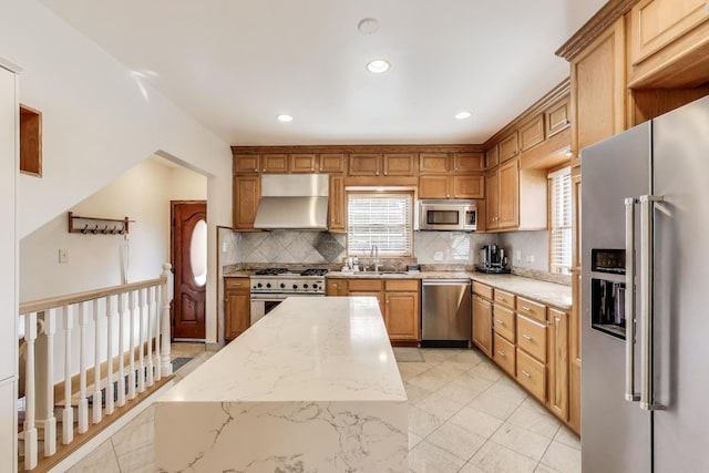 kitchen with a sink, decorative backsplash, high quality appliances, and exhaust hood