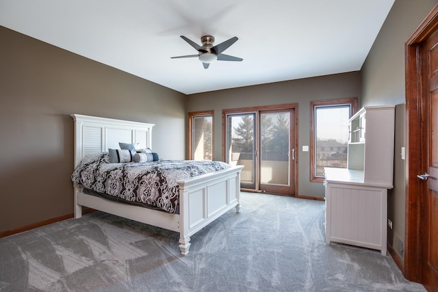 carpeted bedroom with ceiling fan, baseboards, and access to outside