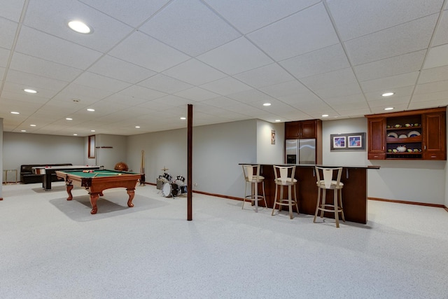 playroom with baseboards, indoor bar, light carpet, and pool table