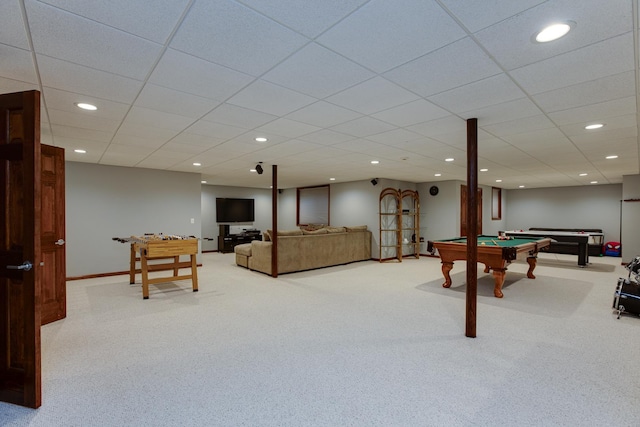 rec room featuring baseboards, recessed lighting, a drop ceiling, pool table, and carpet flooring