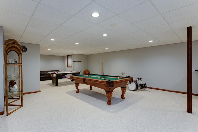 playroom featuring pool table, recessed lighting, baseboards, and light carpet