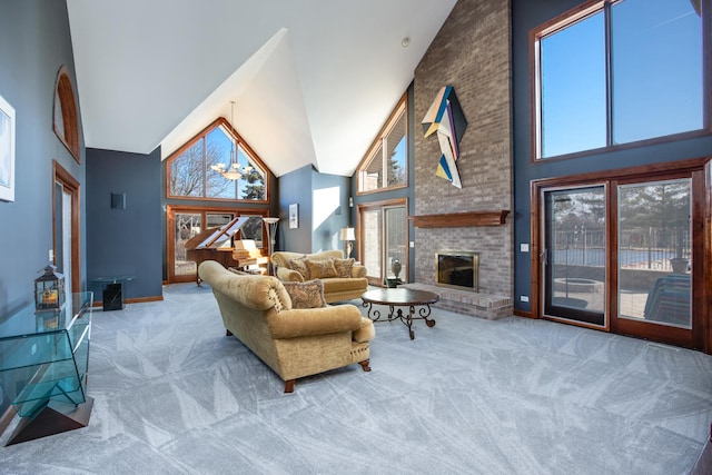 living room with a brick fireplace, baseboards, carpet floors, and high vaulted ceiling