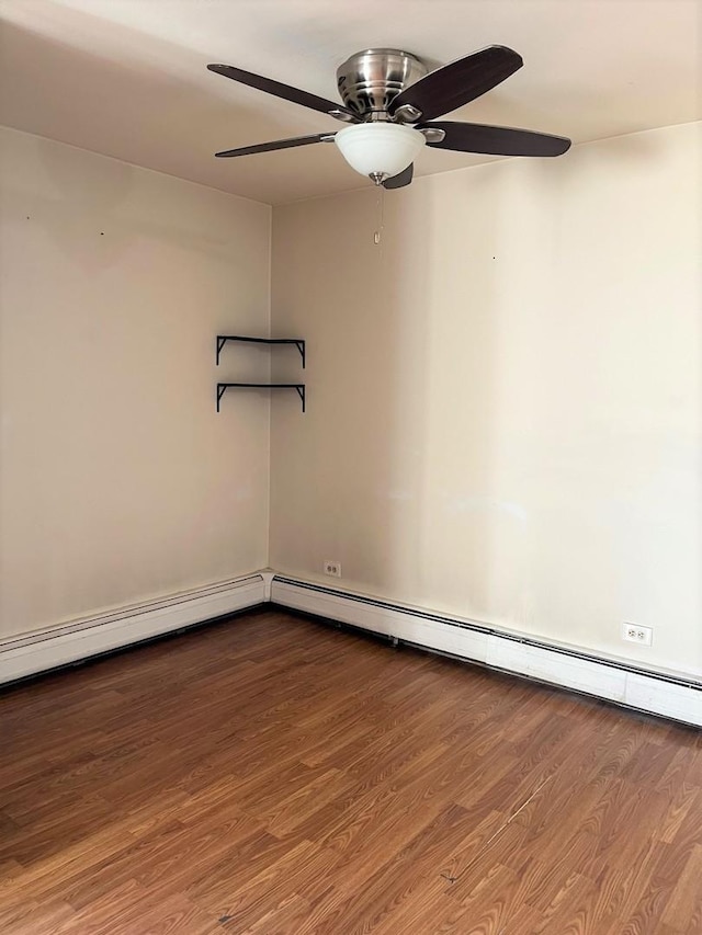 empty room with ceiling fan and dark wood-style flooring