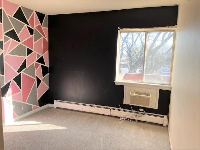 unfurnished room featuring a wall mounted air conditioner, carpet flooring, and baseboard heating